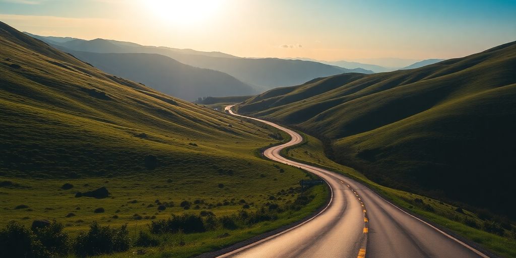 Silhouettes of travelers on a scenic road journey.
