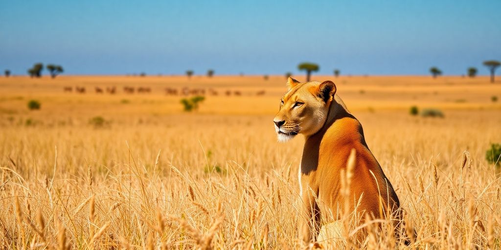 Lioness stalks gazelle, vast Serengeti plain.