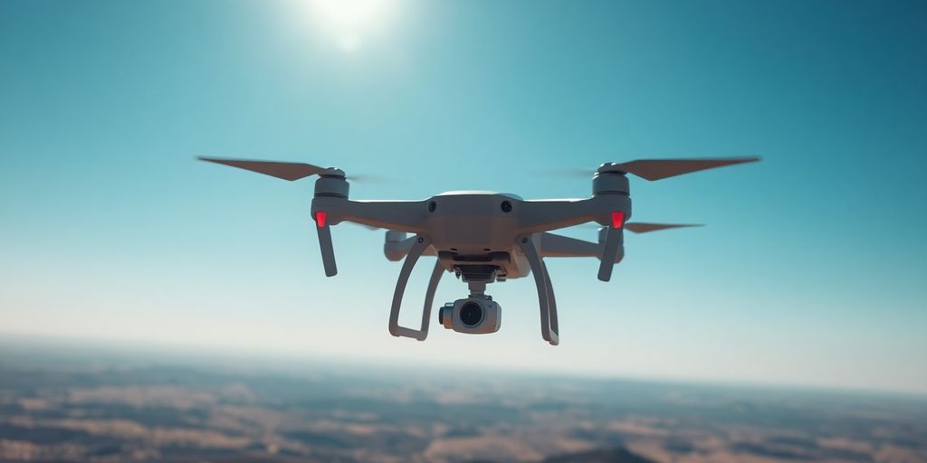 Drone DJI Mini survolant un paysage.