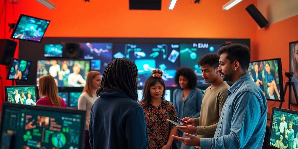 Diverse creators collaborating with AI technologies in a studio.