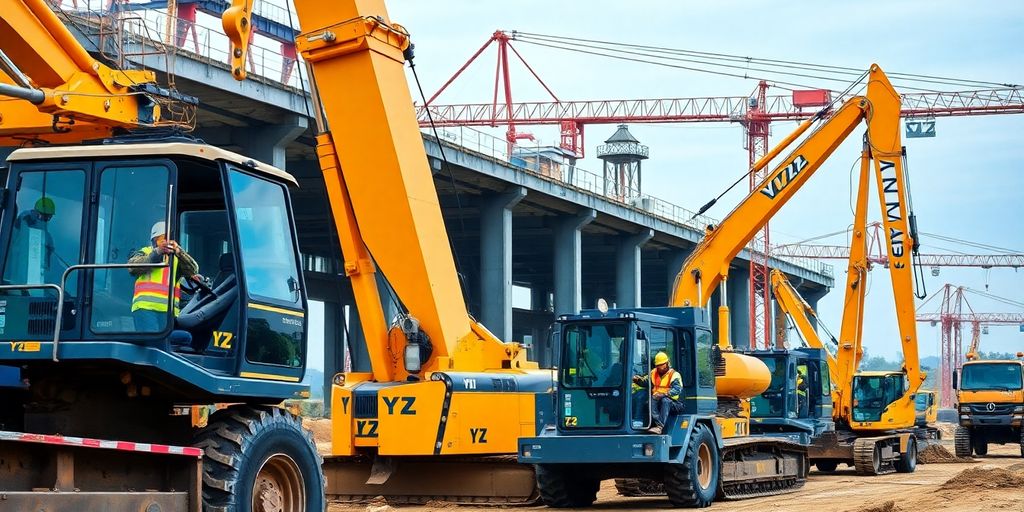 Construction site with YZ machines and workers in action.