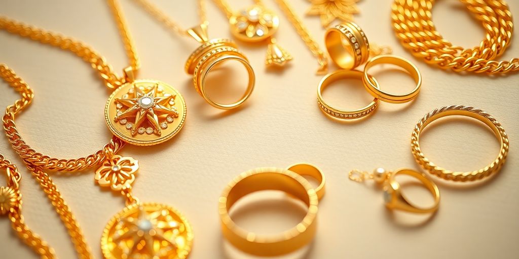 Bijoux en or variés sur fond neutre.