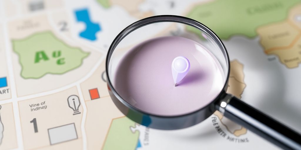 Magnifying glass over a map pinpointing a local business.