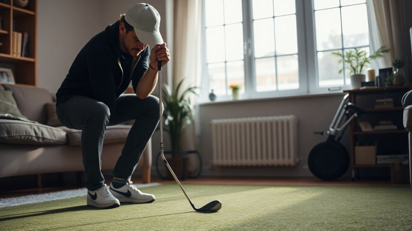 Golfer practicing indoor putting stroke with focus.