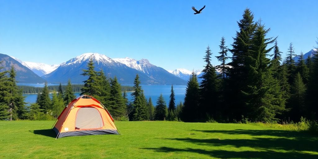A tent at a Juneau campsite with mountains and wildlife.