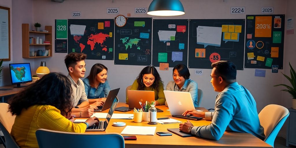 Team collaborating on digital marketing strategies in a workspace.