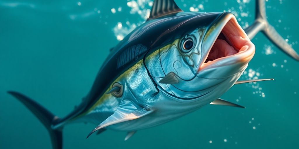 Atum majestoso nadando em águas azuis profundas.
