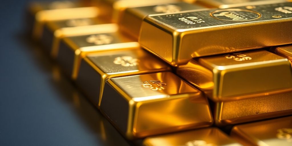 Lingots d'or brillants sous un éclairage dramatique.