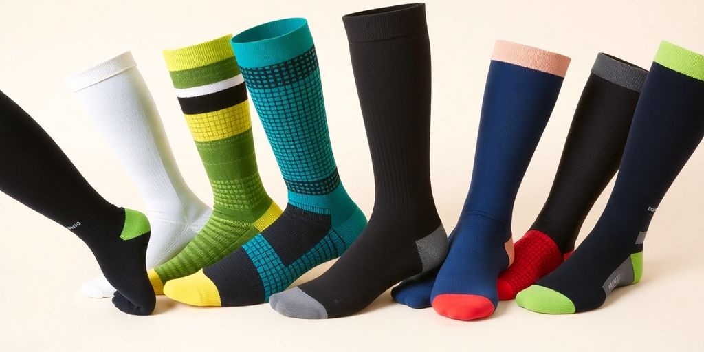 Várias meias de compressão em diferentes cores e estilos.