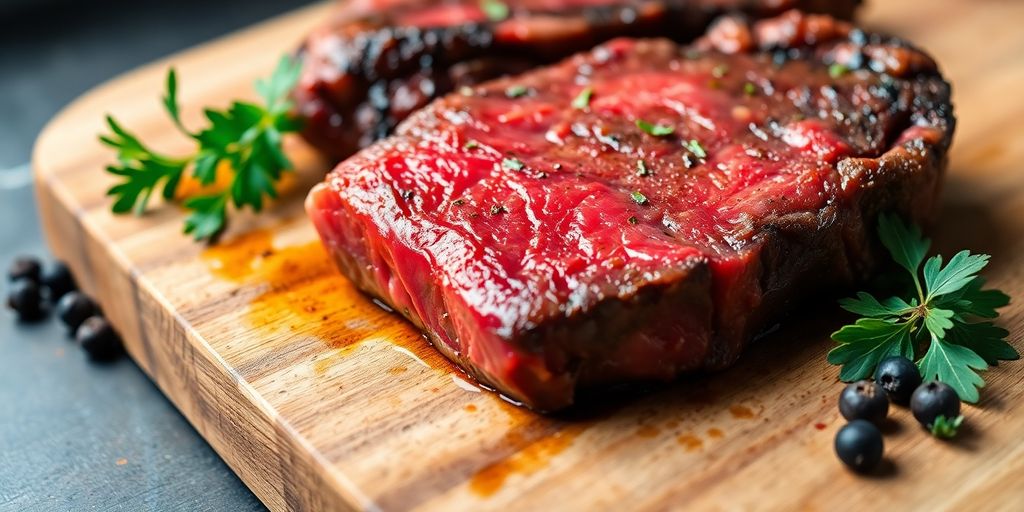 Close-up of a juicy steak on a wooden board.
