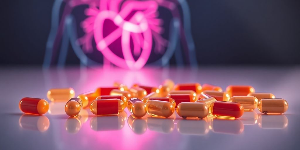 CoQ10 capsules, heart illustration, healthy arteries.