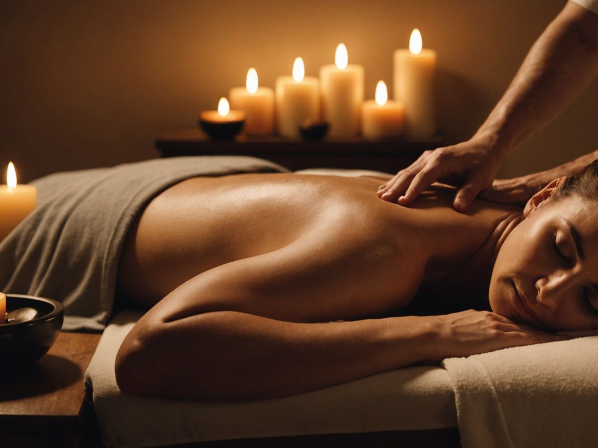 Therapist giving a massage to a relaxed client.
