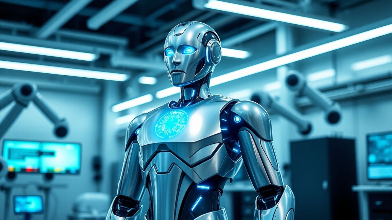 Futuristic humanoid robot in high-tech laboratory setting