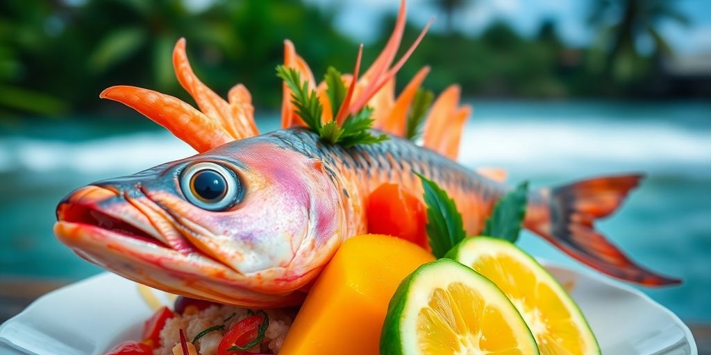 Vibrant Polynesian fish dish with tropical fruit garnish.