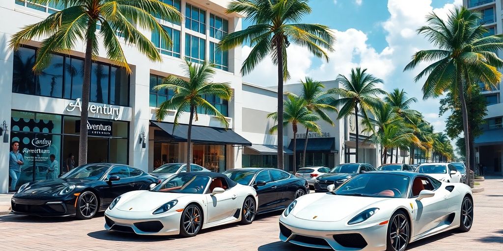 Luxury cars in Aventura's vibrant streets and shops.