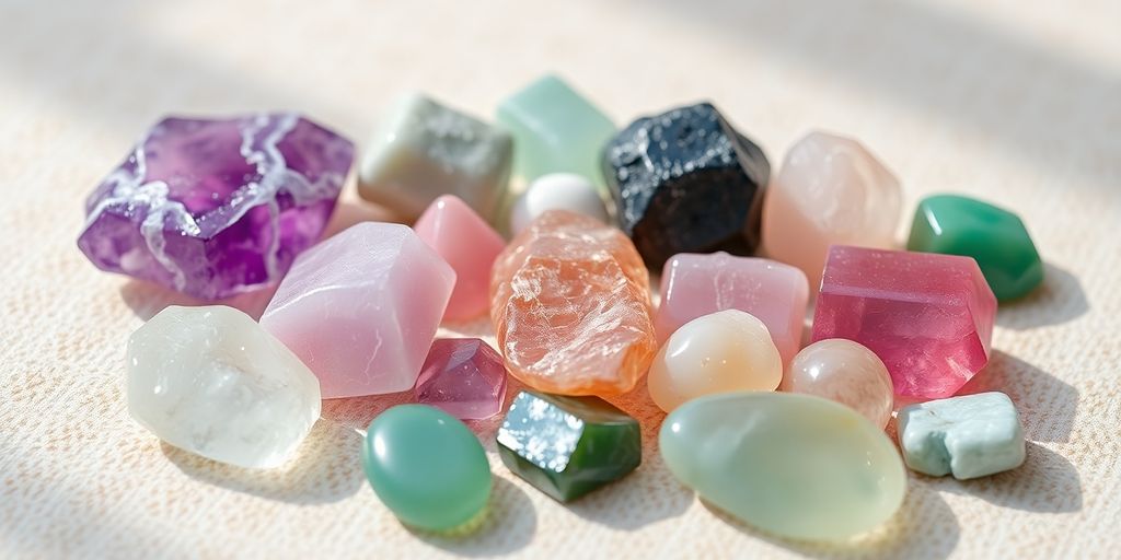 Minerales coloridos sobre fondo natural.