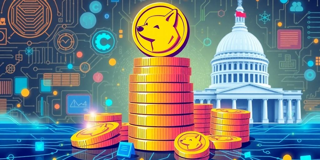 Colorful Dogecoin coins and digital elements in government setting.