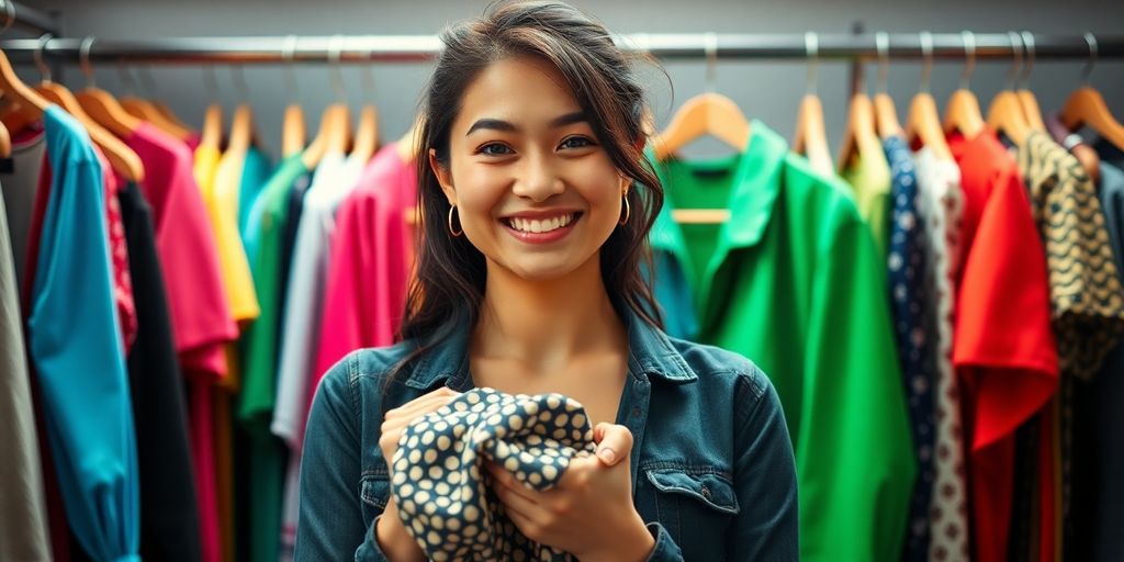 Woman smiling in stylish rented clothes.