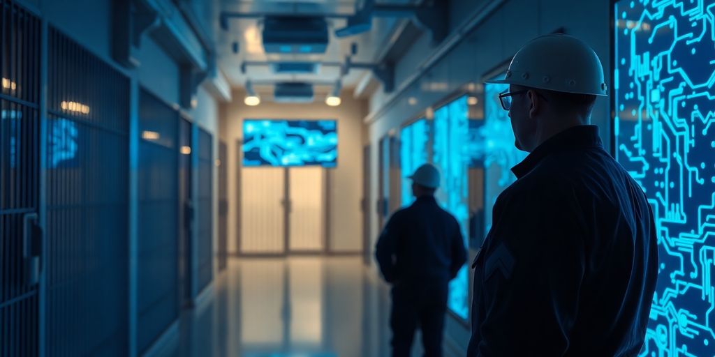 Future prison with advanced AI monitoring for inmate safety.