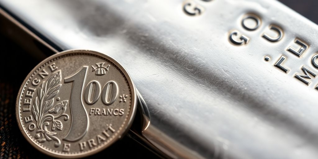 Pièce de 100 francs en argent et lingot d'argent côte à côte.