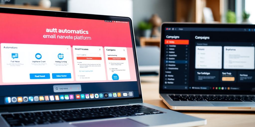 Comparison of two email marketing platforms on laptops.