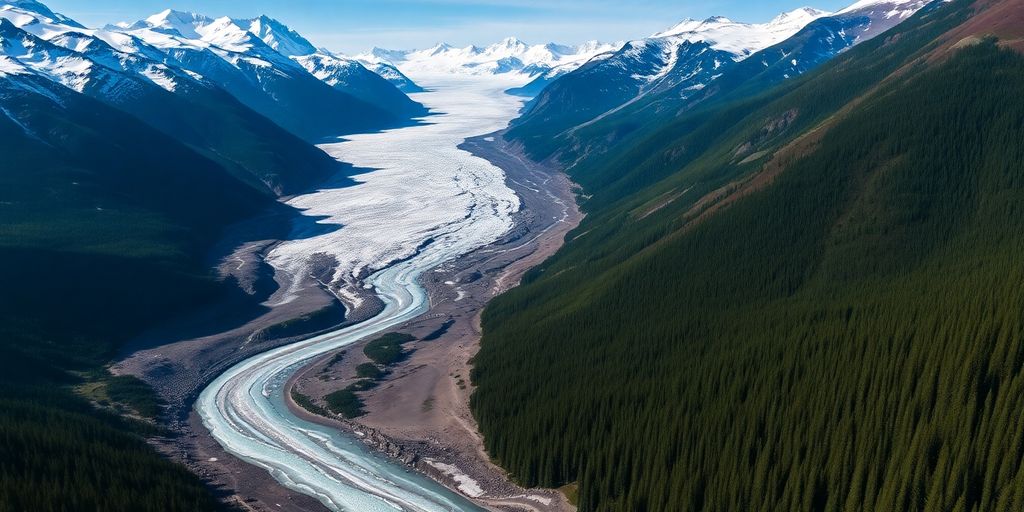 Aerial view of a glacier flowing through snowy Alaskan mountains.
