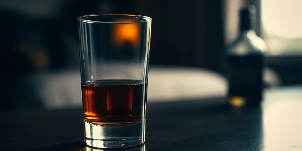 Glass of whiskey in a dimly lit setting.