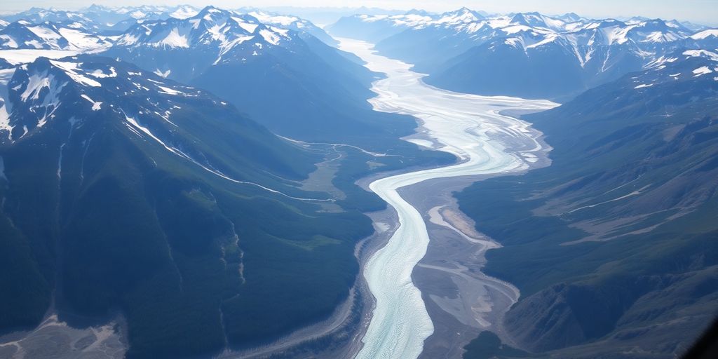 A helicopter soars over vast, snow-capped Alaskan mountains.