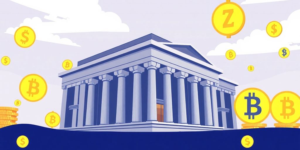 Modern bank with digital currency symbols around it.