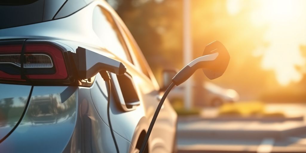 Electric car plugged into charging station, sunny day.