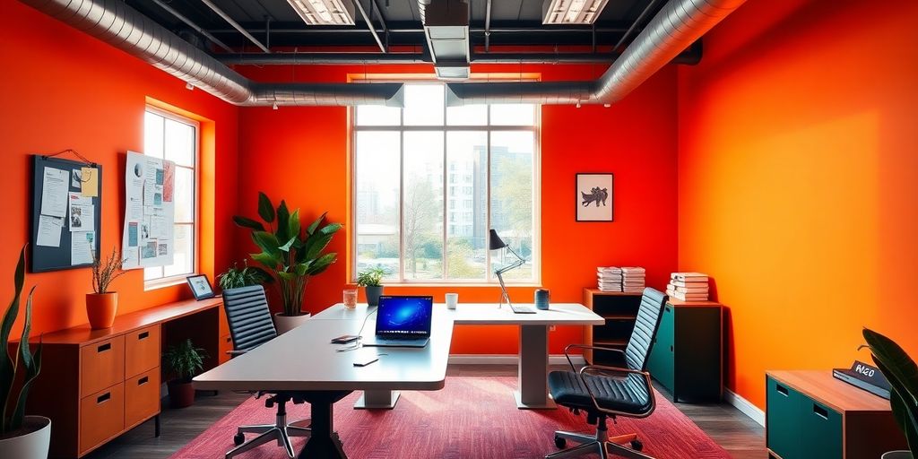 Moderne Webdesign-Büro mit Laptop und bunten Werkzeugen.