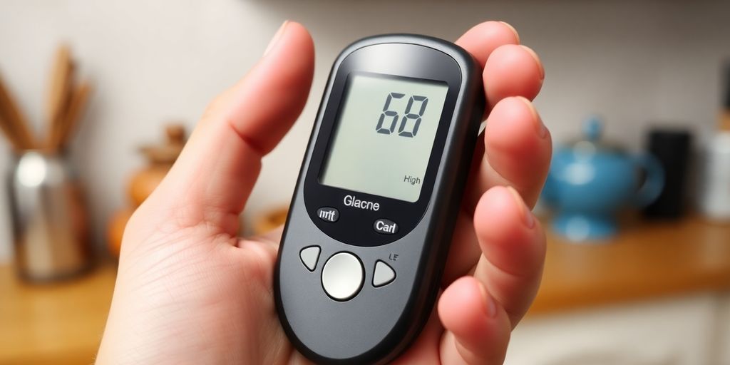 Person holding glucose meter showing high blood sugar level.