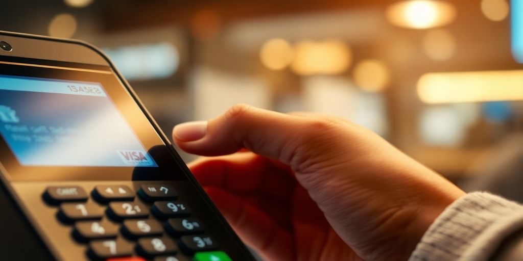 Secure payment terminal with a credit card being used.