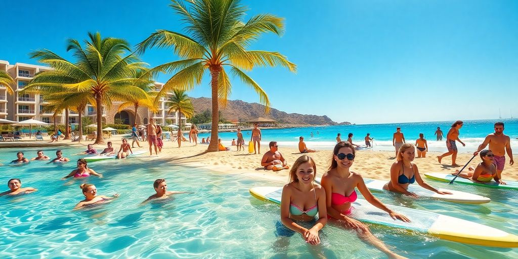 People enjoying various activities near a Cabo resort.