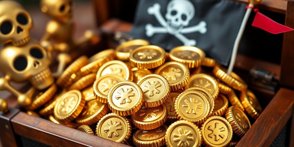 Close-up of gold chocolate coins in a treasure chest.