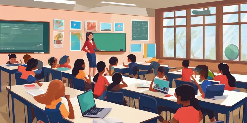 teacher using Canva on computer in classroom with students