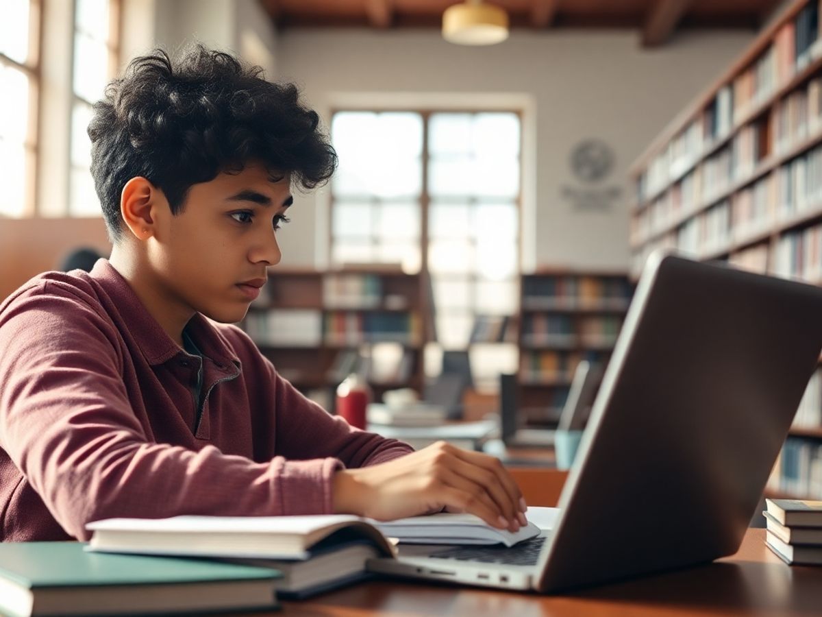 Student studying in a library for a business scholarship.