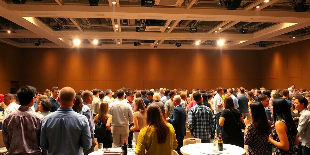 Diverse attendees at a bustling crypto conference.