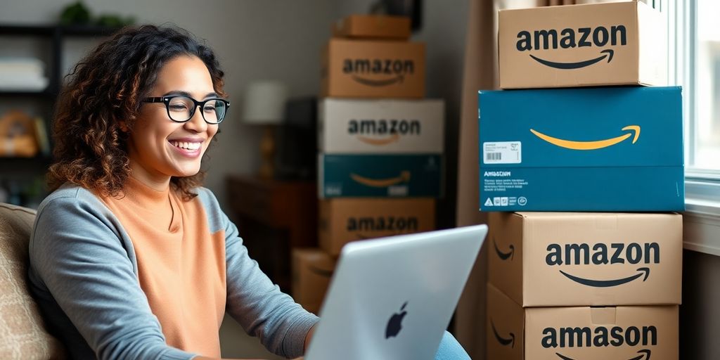Person working on a laptop with Amazon packages.