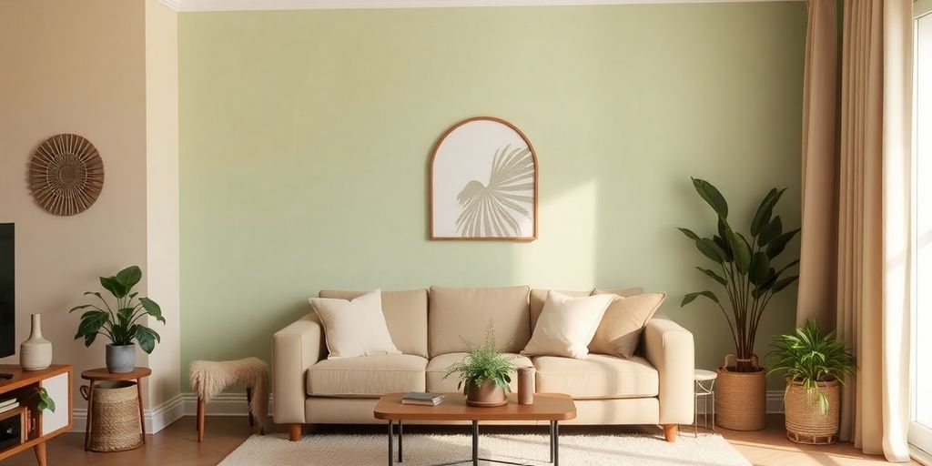 Cozy living room with warm paint colors and soft furnishings.