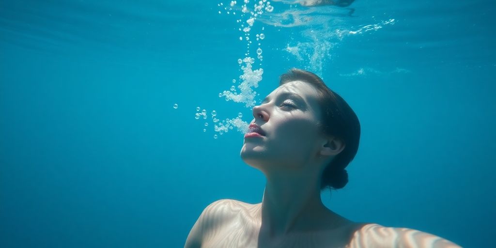Swimmer exhaling bubbles underwater, sunlit blue water.