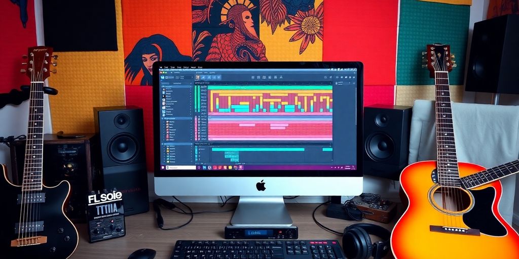 Photographic image of a music production workspace.