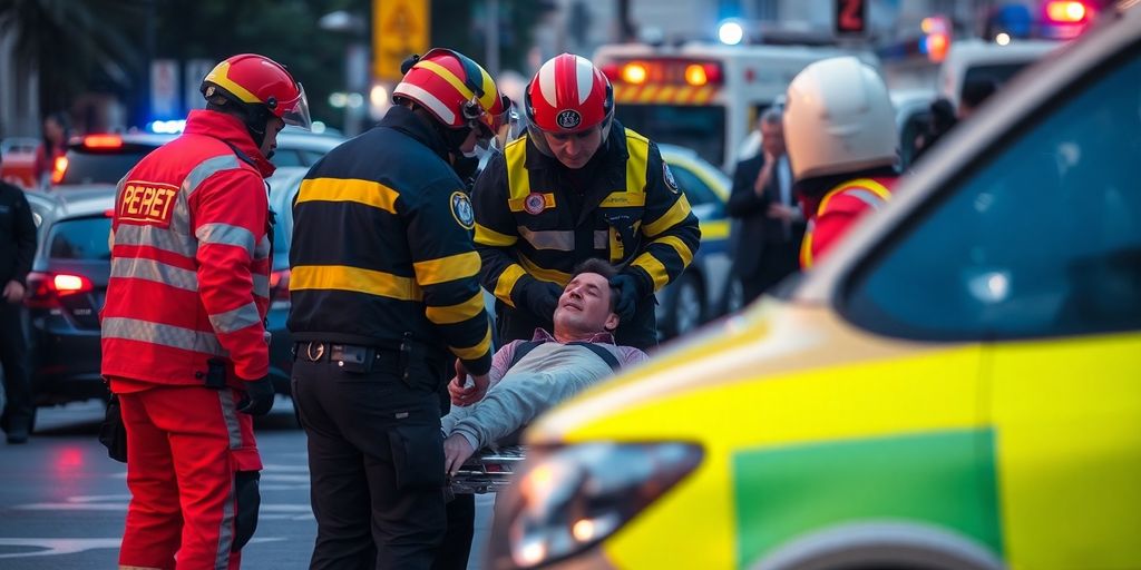Emergency responders aid a man after a stabbing attack.