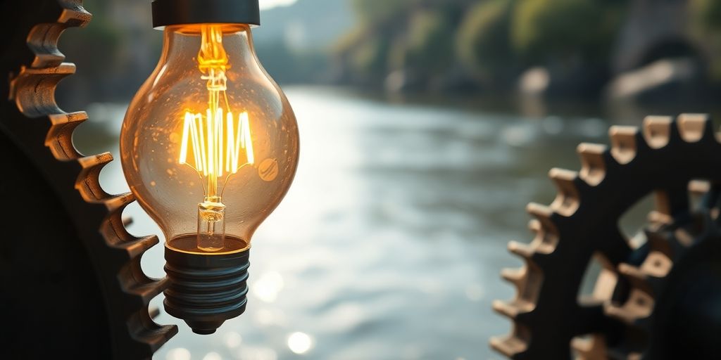 Lightbulb, gears, and flowing river.