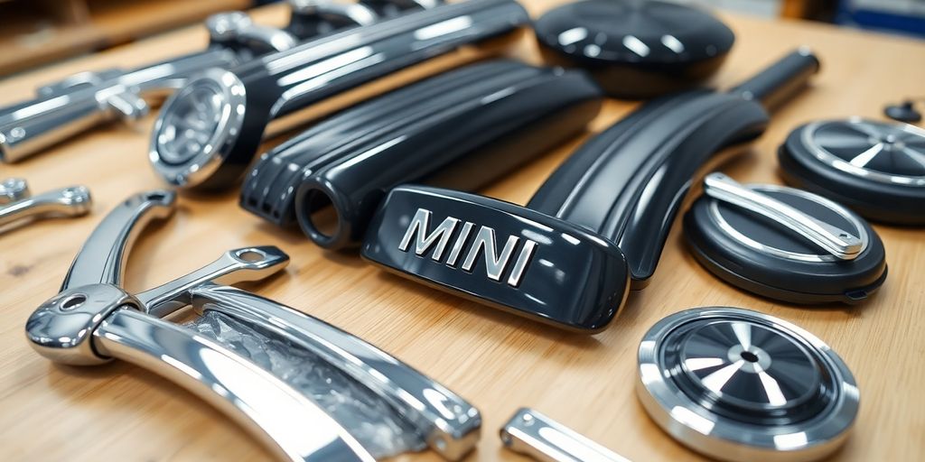 Mini Cooper car parts on a workbench.