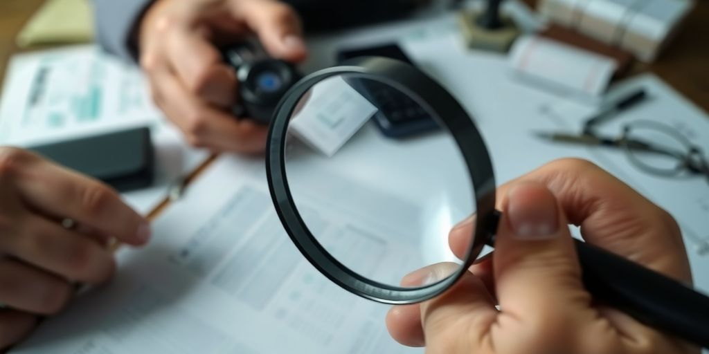 Person using a magnifying glass on documents for investigation.