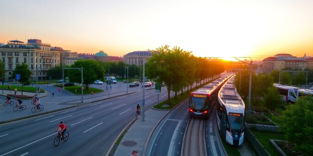 Vélo, bus électrique, train, piétons, ville verte