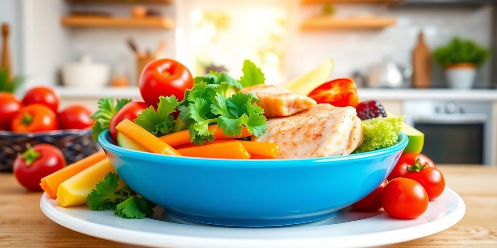 Colorful healthy food on a kitchen table.