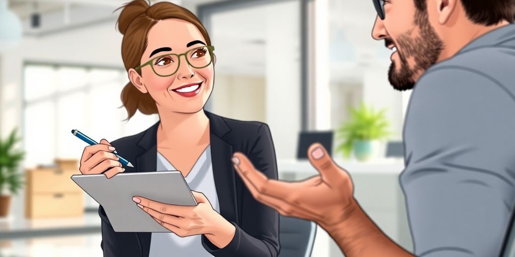 Two people, one interviewing another, smiling.