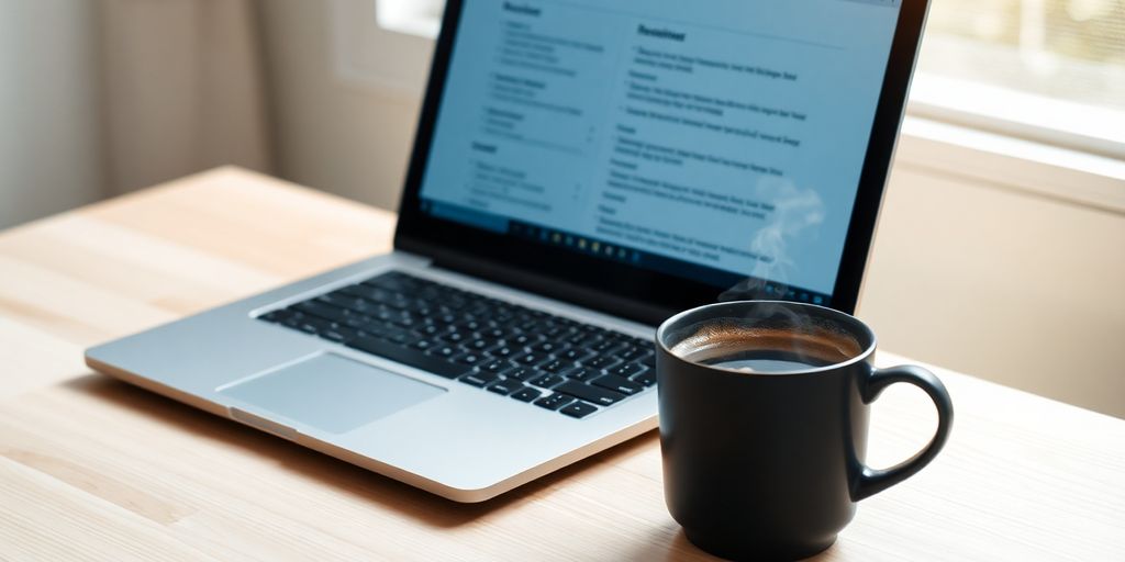 Laptop, resume, and coffee on a desk.